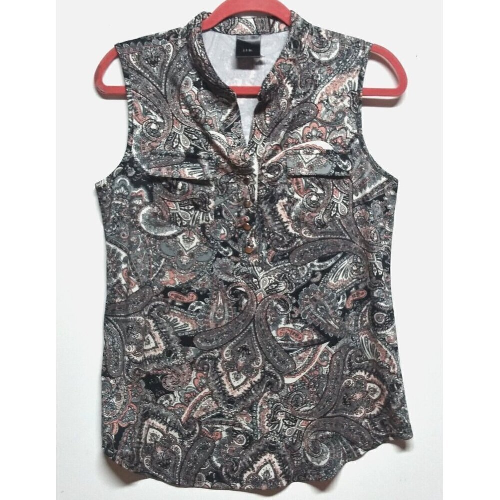 VTG J.T.B. Paisley Top Sz S Black pink beige Sleeveless stretch knit high neck